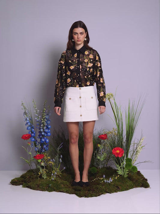 Sister Jane Whisper Tweed mini suknja od belog tvida sa zlatnim dugmadima, svečana suknja za venčanja i posebne prilike – Neguj se